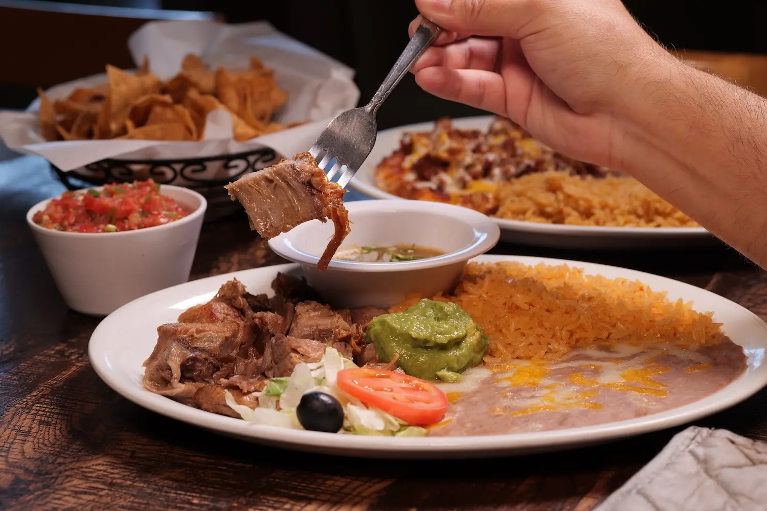 Plate of carnitas with rice, refried beans, guacamole, and chips at Toledo's Mexican Restaurant
