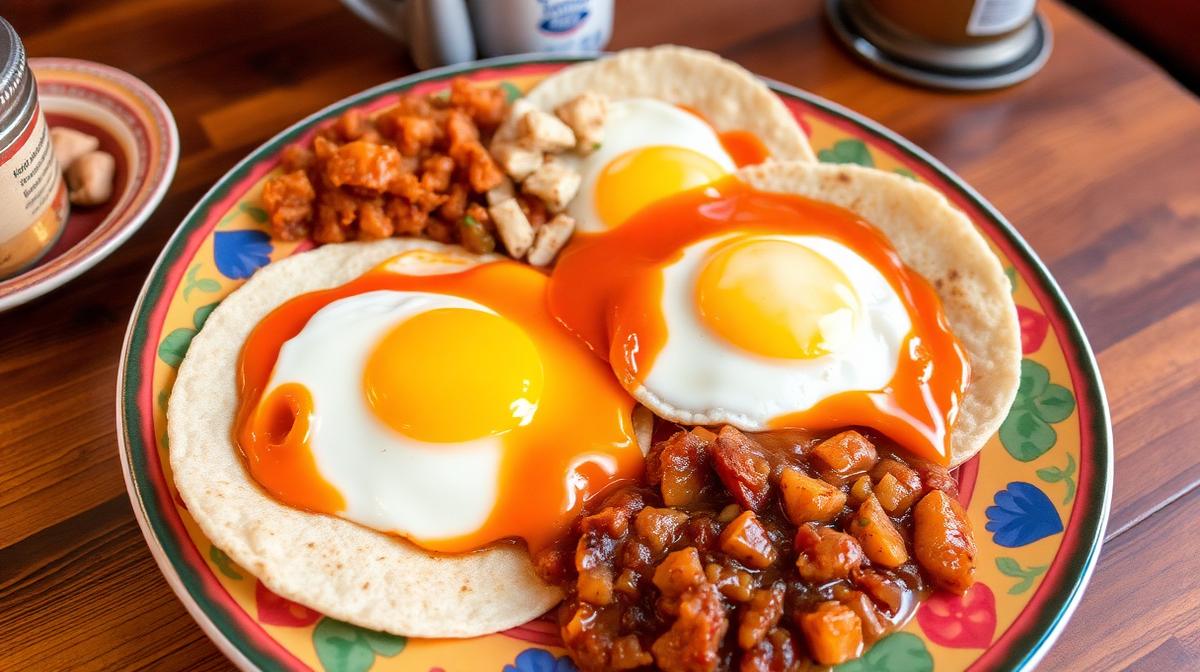 Mexican breakfast plate with huevos rancheros, eggs, tortillas, and salsa